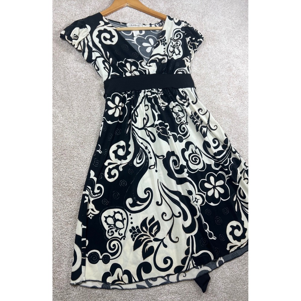 Y2K Black White Floral Dress Short Sleeve V Neck S BOHO Fit & Flare Retro - Picture 3 of 10